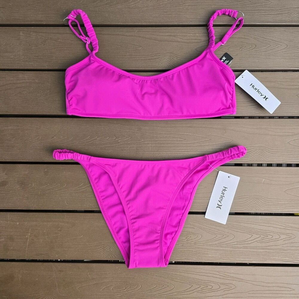 Hurley Junior Girl’s Hot Fuschia Scoop Top & Rouched Side Bikini Size XL New